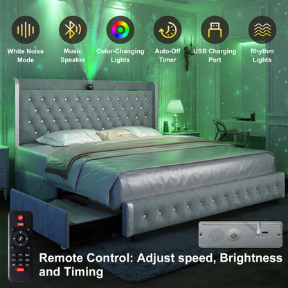 Queen LED Bed Frame with Galaxy Projector, Bluetooth Speaker, USB Ports, 4 Drawers, No Box Spring Needed, PU Black