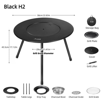 BISINNA Foldable Round Table BBQ Grill Multi-Function Outdoor Charcoal Barbecue Set with Accessories Portable for Camping Picnic