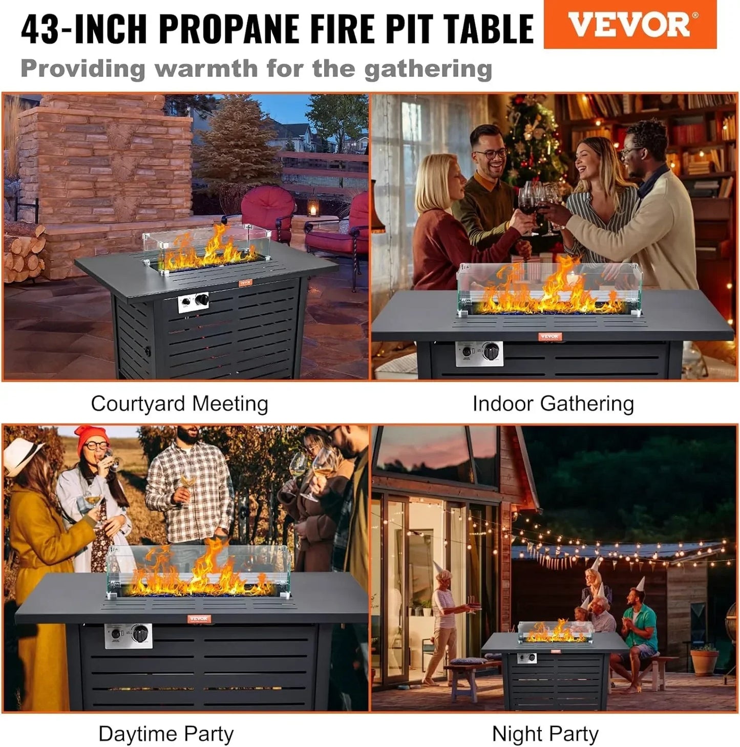 # l Outdoor Propane Gas Fire Pit Table, 43 Inch 50,000 BTU Auto-Ignition Propane Fire Pit Table, CSA Approved with Glass Wind Gu