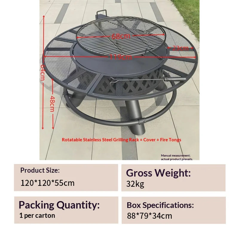 3-in-1 Outdoor Fire Pit BBQ Grill Round Charcoal Table Fireplace with Cooking Grate Heavy Duty Metal for Patio Backyard Party