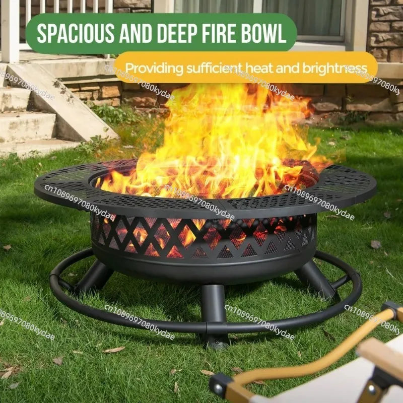 36 Inch Wood Burning Fire Pit with Grill: Outdoor Fire Pits with Lid & Fire Poker  3 in 1 Round Metal Firepit Table With