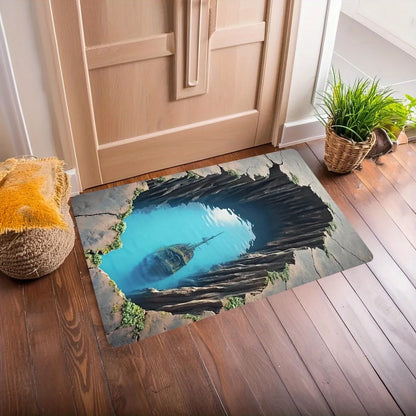Abstract 3D Landscape Round Area Rug, Cave and Ocean Design Non Slip Floor Mat for Living Room Kitchen and Bedroom