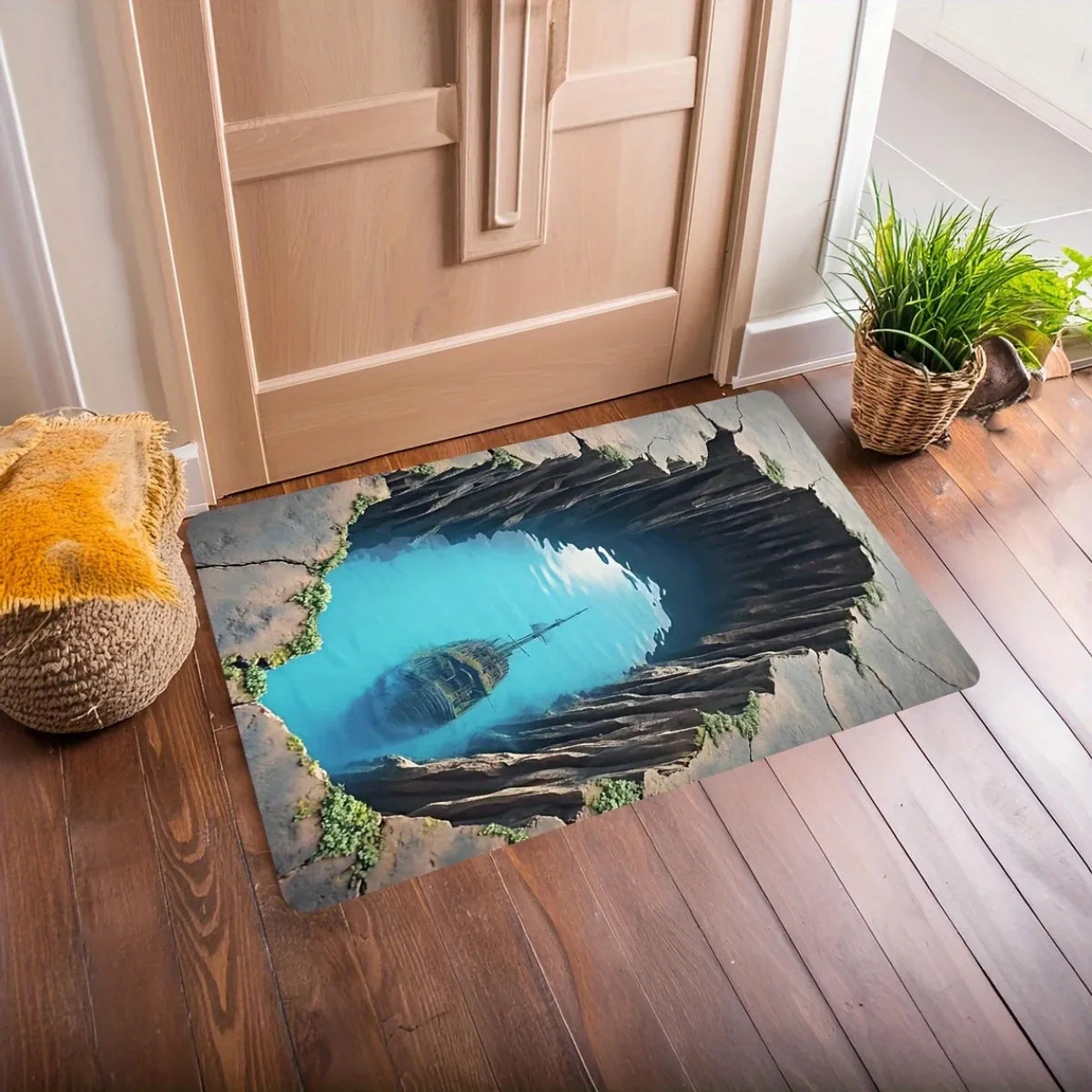 Abstract 3D Landscape Round Area Rug, Cave and Ocean Design Non Slip Floor Mat for Living Room Kitchen and Bedroom