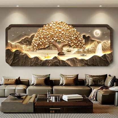 2025 Living Room Decoration Painting LED Lights Wealth Tree Sofa Background Wall Mural High-End Tea Room Office Hanging Painting