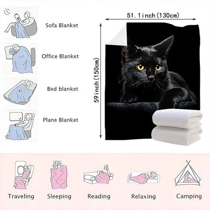 Black Cat Printed Throw Blanket - Glossy Textured Fleece, Dramatic Contrast Design, Perfect for Cozy Home Decor, Alert Relaxed C