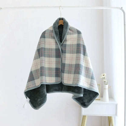 Fleece Wearable Blanket, Plaid Lap Blanket Comfy Poncho Throw with Button Plaid Throw Cushion for Bed Sofa Office