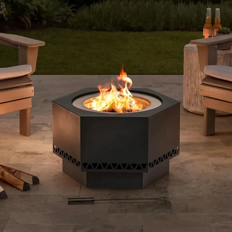 in. Hexagonal Outdoor Pit, Patio Wood Burning Smokels Firepit/PVC Cover and Fire Poker,