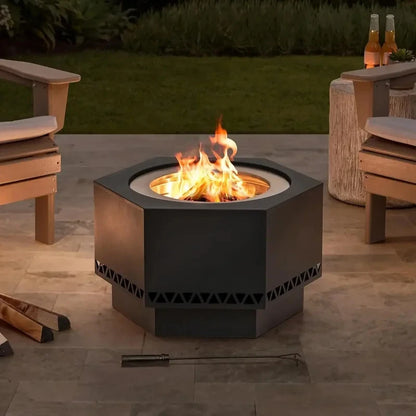 in. Hexagonal Outdoor Pit, Patio Wood Burning Smokels Firepit/PVC Cover and Fire Poker,