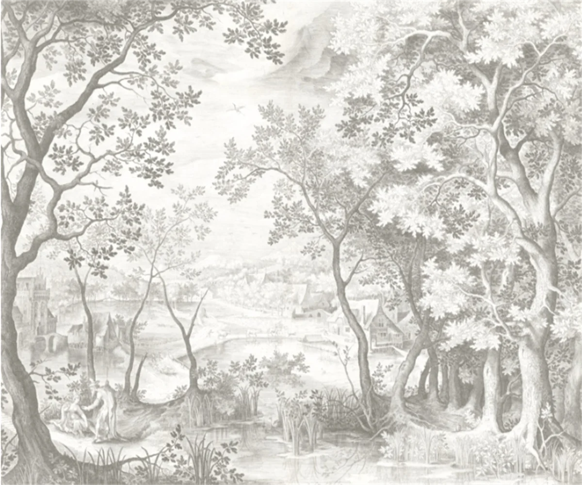Customized French Wallpaper TV Background Wall Wallpaper Hand Drawn Black and White Forest Living Room Bedroom Papier Peint