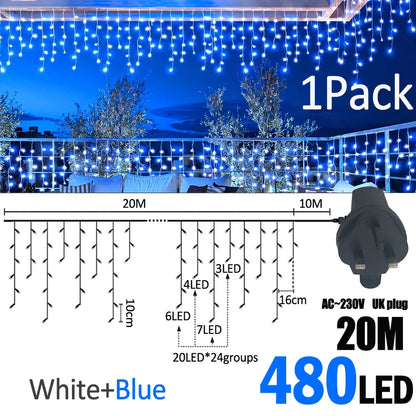 LED Christmas Icicle Curtain String Lights 20M+10M 480LED Extens 8Modes, Plug in Waterproof for Wedding Party Home Garden