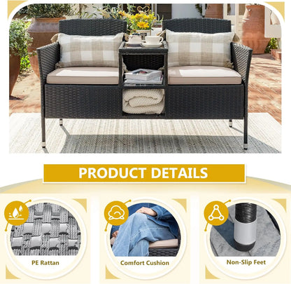 Outdoor Patio Loveseat Modern Rattan 2-Seat Patio Conversation Set with Cushions & Built-in Coffee Table Porch Furniture for Ga