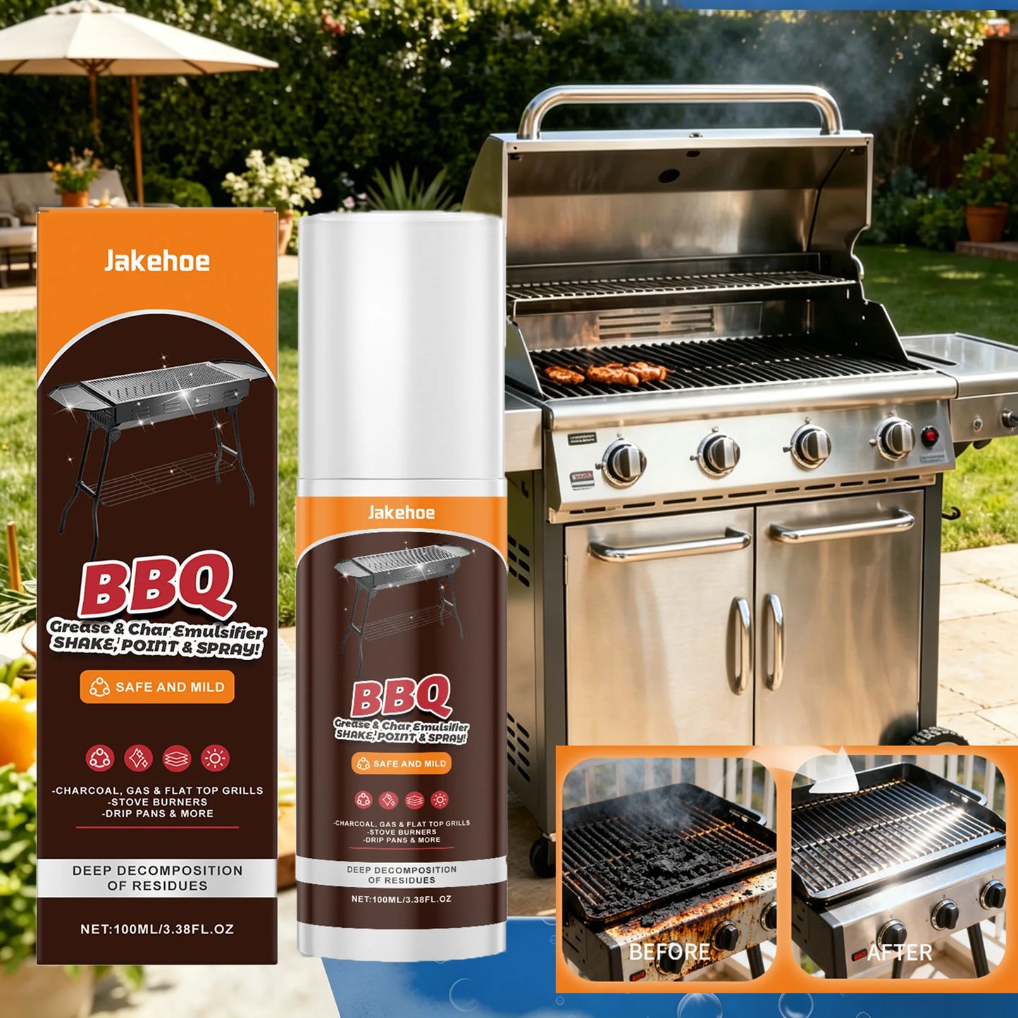 BBQ Grill Cleaner Spray Grease & Char Remover Spray for Grill Oven Pan Heavy Duty Degreaser for Outdoor & Kitchen Cleaning