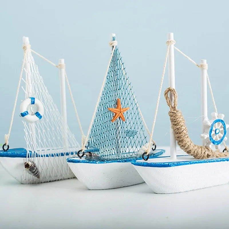 1pc Mini Mediterranean Style Marine Nautical Wooden Blue Sailing Boat Ship Wood Crafts Ornaments Party Room Home Decoration