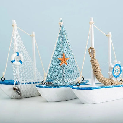 1pc Mini Mediterranean Style Marine Nautical Wooden Blue Sailing Boat Ship Wood Crafts Ornaments Party Room Home Decoration