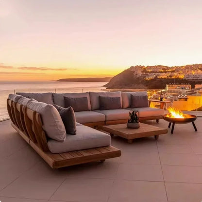 Patio Sofa Set, Made of Imported Teak Wood, Outdoor-grade Waterproof Fabric, Crack-resistant, Suitable for Outdoor Use.