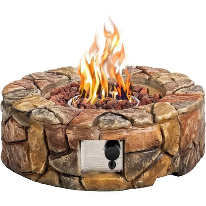 28 Inch Outdoor Propane Fire Pit with Natural Stone, Cover, ETL Certified, Stainless Steel Burner, Electronic Ignition, Lava Roc
