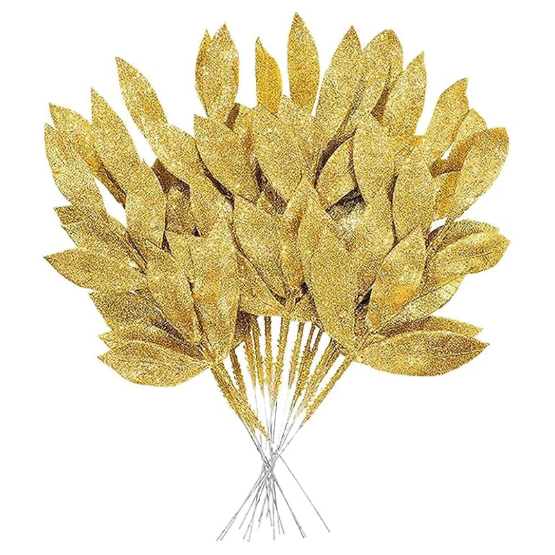5Pcs Christmas Decoration Glitter Artificial Leaves Bouquet Xmas Tree for Home Decor DIY Wreath Crafts Gift Garland Accessories