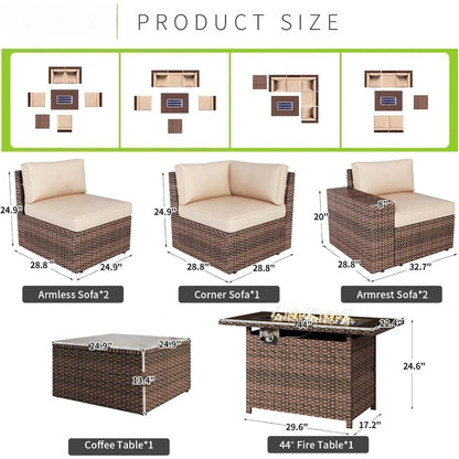 7 Piece Patio Furniture Set with 44 Inch Fire Pit Table Outdoor Wicker Parlor Set with Thick Cushions
