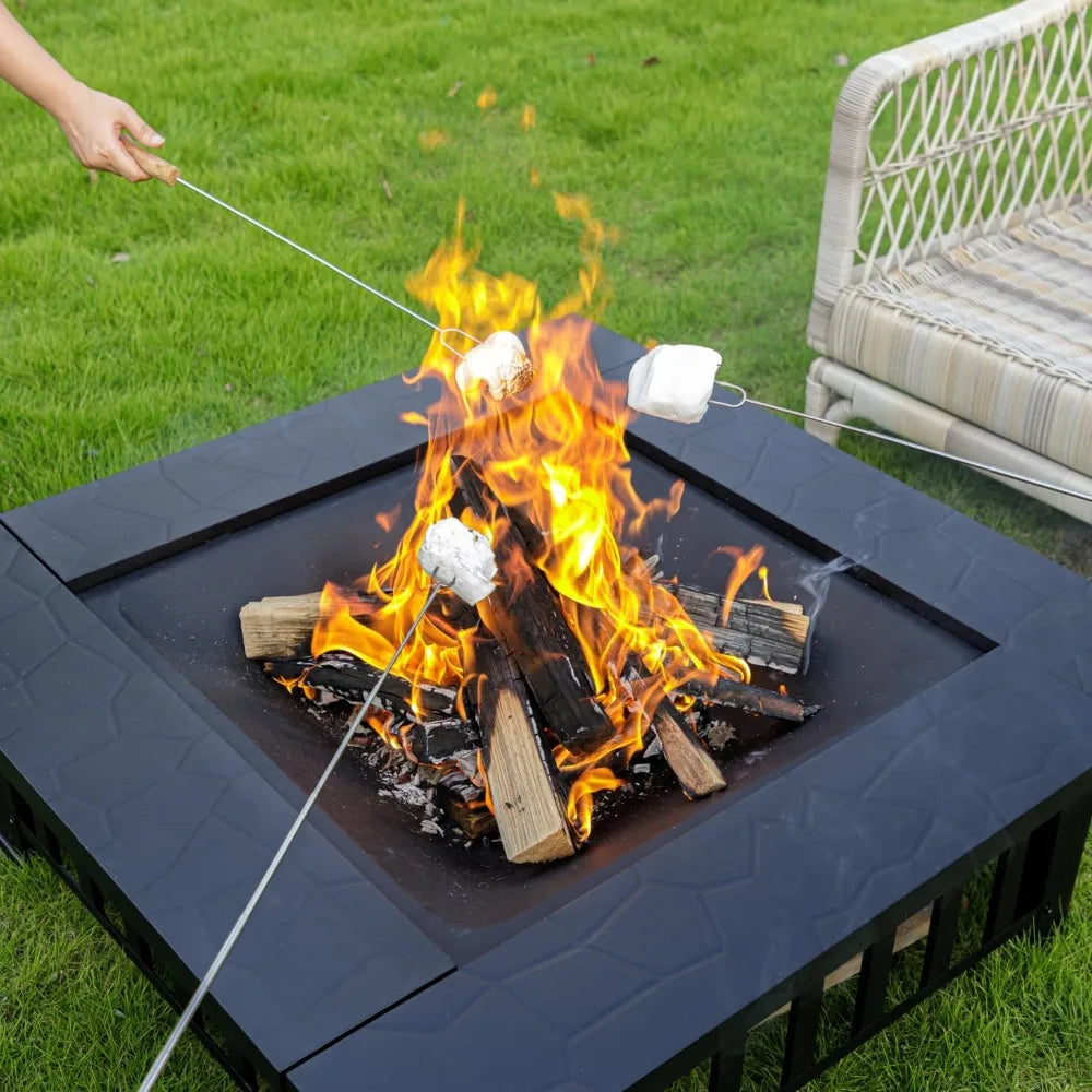 32 Inch Fire Pit, Square Outdoor Fire Pit Table with Spark Screen & Fire Poker, 3-in-1 Multipurpose Firepits for Outside