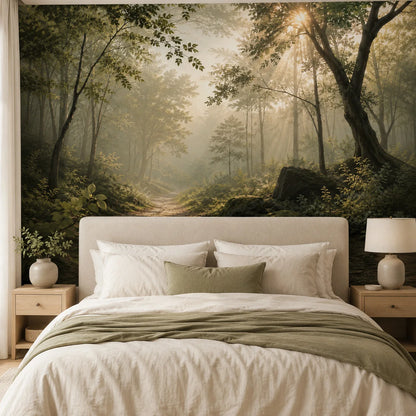Sunlit Misty Forest Path Wall Mural Wallpaper Nature Landscape for Living Room Bedroom Sofa Background Non Self Adhesive