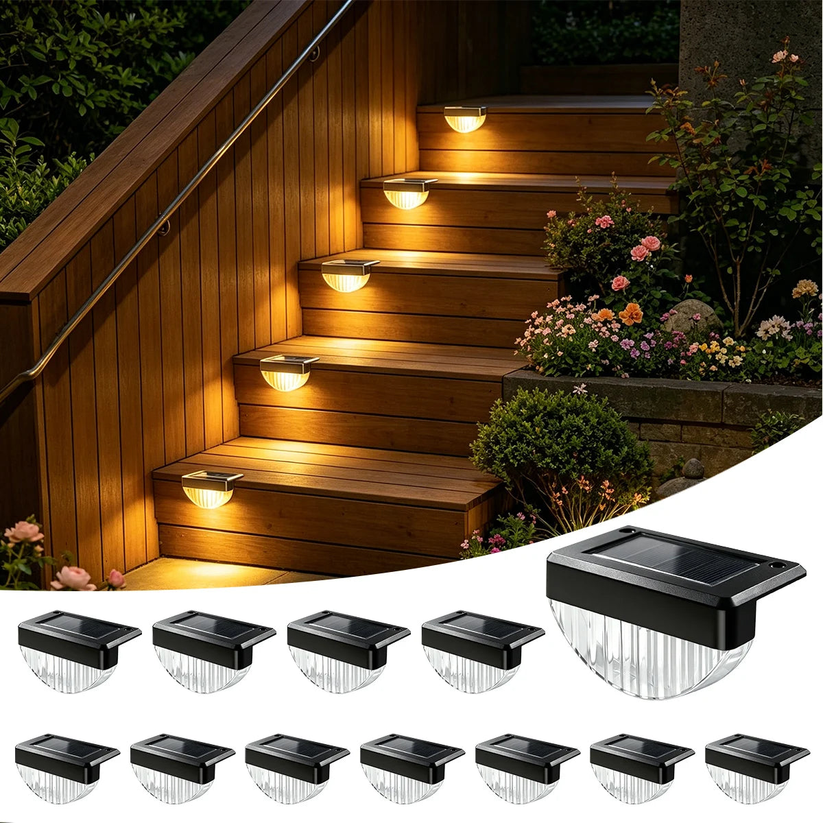 Solar Deck Lights Outdoor 8/16 Pack Waterproof LED Stair Lights with Lenses Auto ON Off Warm White Step Lights for Outside Deck