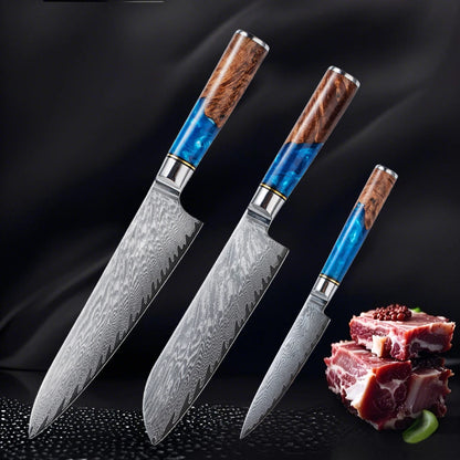 Damascus Steel High Carbon 67 Layer VG10 Chef's Knife Blue Resin Wood Handle Kitchen Chef's Knife Three-Piece Set