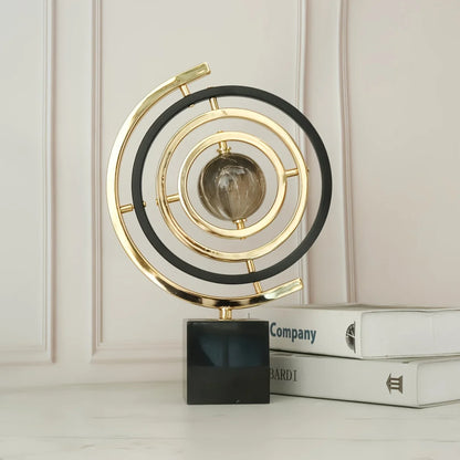 1PC Modern Abstract Metal Globe Sculpture Black & Golden Art Decor with Rectangular Base for Home Office Living Room Study Shelf