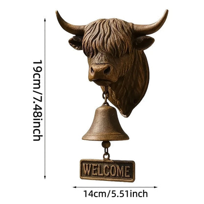 Rustic Highland Cow Hanging Bell, Scottish-Themed Resin Welcome Doorbell with Clear Chime, Outdoor Decor for Porch, Garden, Farm