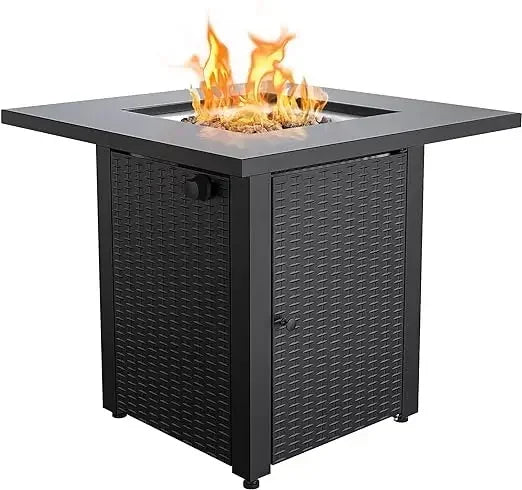 L # Wicker &Rattan Square Propane Fire Pit Table, Outdoor Dinning Gas Fire Table With Lid, Lava Stone, ETL Certification