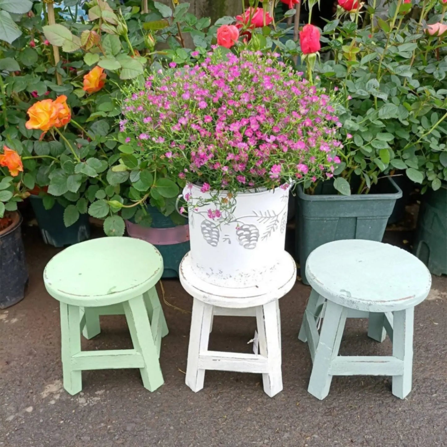 Round Wooden Stool Lightweight Round Wood Plant Stand Miniature Wood Stool Distressed Finish Vintage Plant Riser for Indoor