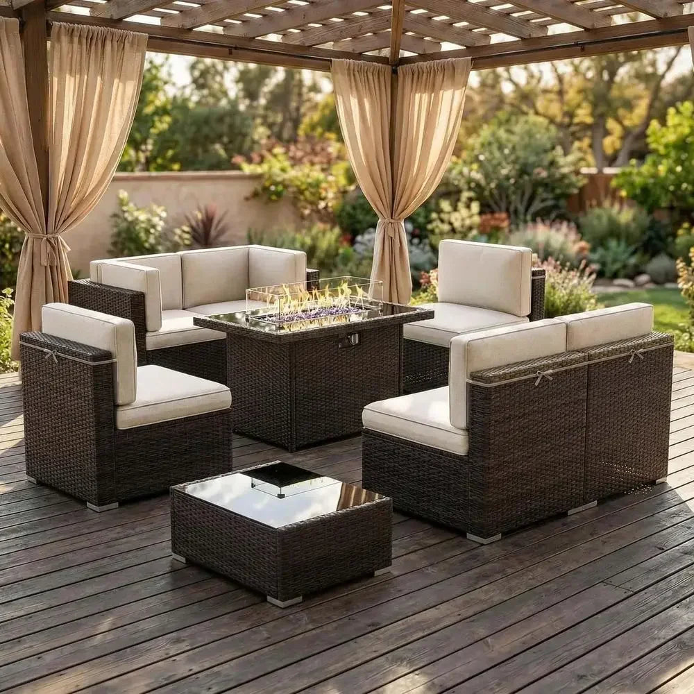 8-Piece Patio Furniture Set with 44 Gas Fire Pit Table, Outdoor Sectional Wicker Sofa with Coffee Table