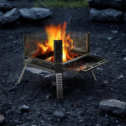 Portable Stainless Steel Fire Pit with Glass Wind Guard Outdoor Camping Fire Pit Foldable Bonfire Stove