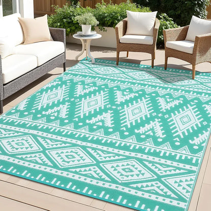 VIKAMA Bohemian Geometric Outdoor Rug Non-Slip Wear-Resistant Balcony Terrace Mat Camping Picnic RV Carpet Home Decoration