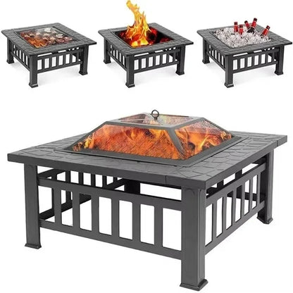 Modern Black Powder Coated Metal Fire Pit Table - Square Wood Burning Stove Heavy Duty Rustproof  Outdoor Patio Garden BBQ Party