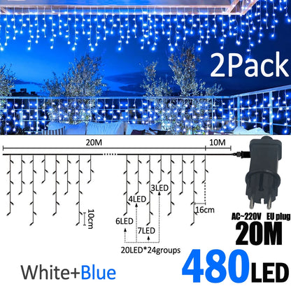 LED Christmas Icicle Curtain String Lights 20M+10M 480LED Extens 8Modes, Plug in Waterproof for Wedding Party Home Garden
