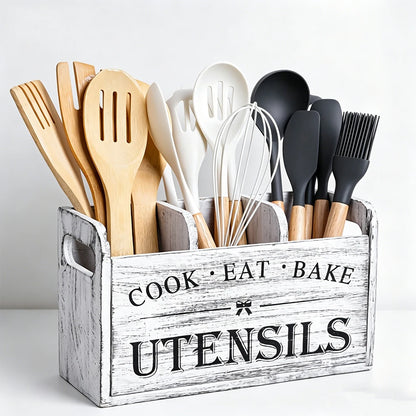 Rustic Wooden Kitchen Utensil Holder - 3-Compartment Countertop & Wall-Mounted Organizer for Spoons Whisks & More Space-Saving
