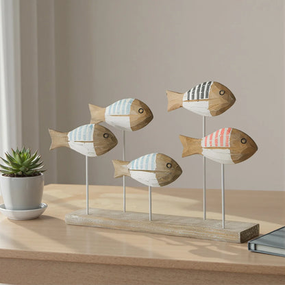 Retro Mediterranean Style 3D Wooden Shoal of Fish DecorationsHand Carving Ocean Desktop Crafts Ornaments DIY Bar Cafe Home Decor