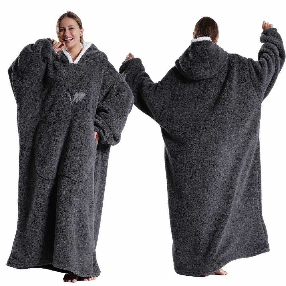 Winter Hooded Sweater Blanket Women Oversized Fleece Blanket With Sleeves Large Pocket Warm Thick TV Hoodie Robe Couple