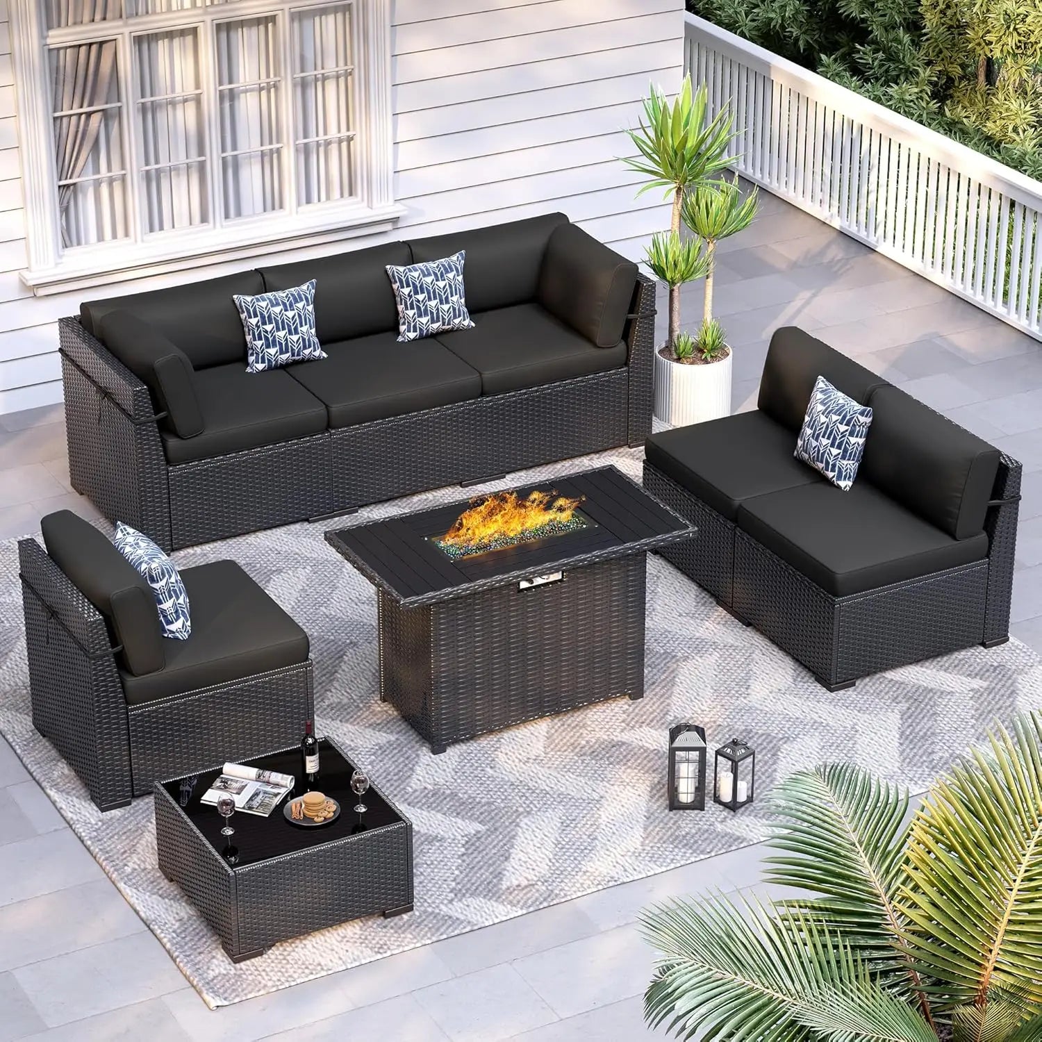 8pc Patio Set 44" Fire Pit Table All Weather Wicker Sectional Sofa Coffee Table Thickened Cushions Outdoor, Custom