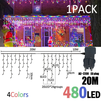 LED Christmas Icicle Curtain String Lights 20M+10M 480LED Extens 8Modes, Plug in Waterproof for Wedding Party Home Garden