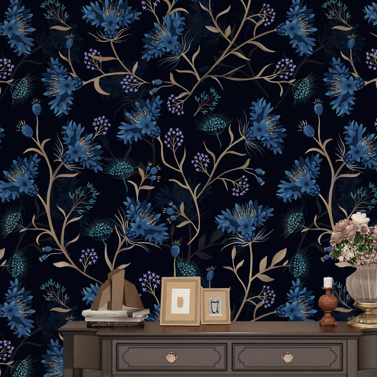 Dark Dandelion Floral Self Adhesive Wall Blue Plant Pattern Waterproof Removable Wallpaper Bedroom Bathroom Home Wall Decor Film