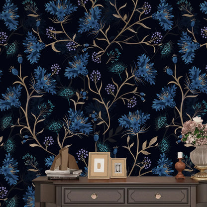 Dark Dandelion Floral Self Adhesive Wall Blue Plant Pattern Waterproof Removable Wallpaper Bedroom Bathroom Home Wall Decor Film