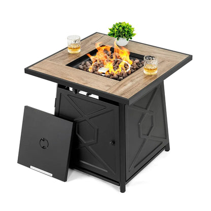 28 Inch Outdoor Propane Fire Pit Table, 50,000 BTU Square Gas Fire Table with Ceramic Tabletop, Lid, Cover, Lava Rock
