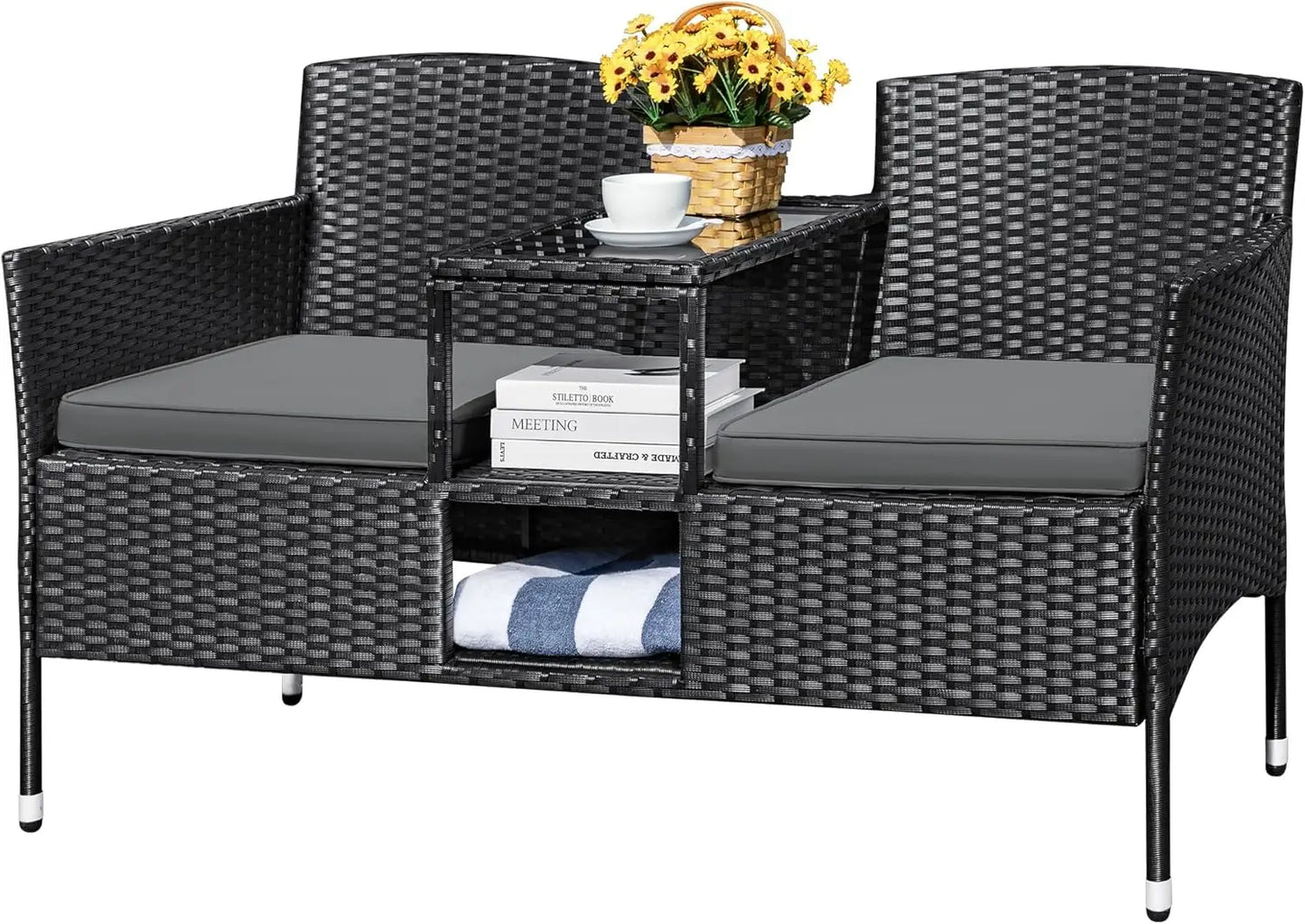 Outdoor Patio Loveseat Modern Rattan 2-Seat Patio Conversation Set with Cushions & Built-in Coffee Table Porch Furniture for Ga