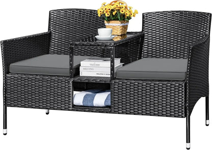 Outdoor Patio Loveseat Modern Rattan 2-Seat Patio Conversation Set with Cushions & Built-in Coffee Table Porch Furniture for Ga