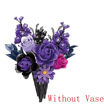 1218PCS Dark Romance Flower Building Blocks Gothic Bouquet With Vase Model Educational DIY Toy Desktop Decoration Gift For Adult