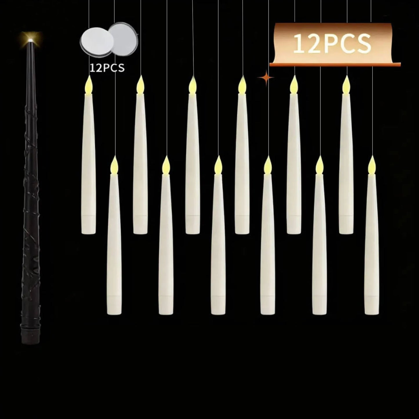 Floating Candles with Wand 12 PCs Magic Hanging Candles Flickering Warm Light Flameless Floating LED Candle Halloween Decoration
