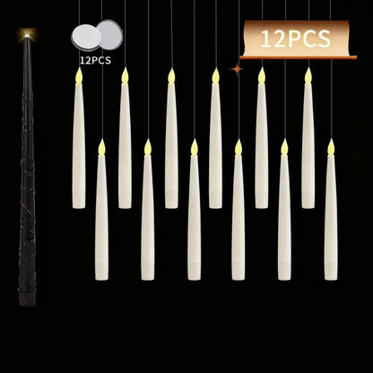 Floating Candles with Wand 12 PCs Magic Hanging Candles Flickering Warm Light Flameless Floating LED Candle Halloween Decoration