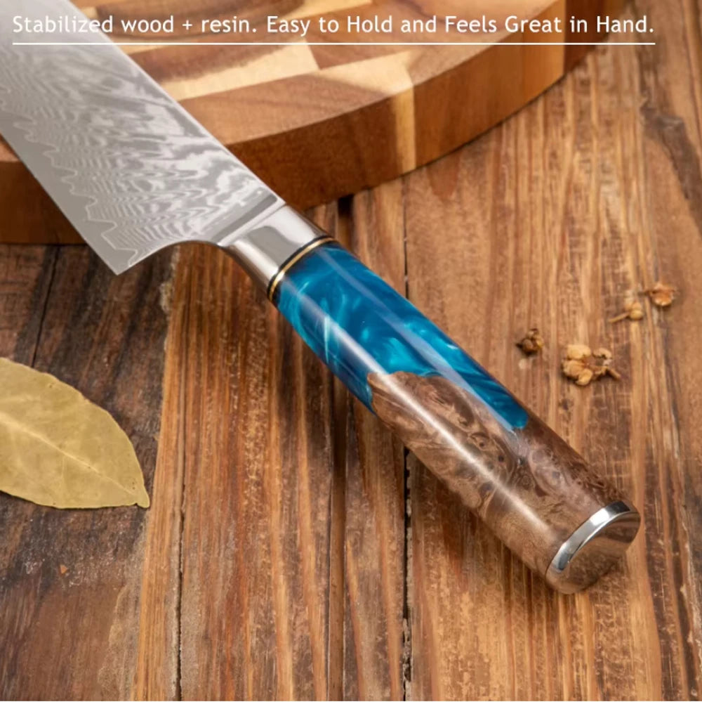 Damascus Steel High Carbon 67 Layer VG10 Chef's Knife Blue Resin Wood Handle Kitchen Chef's Knife Three-Piece Set