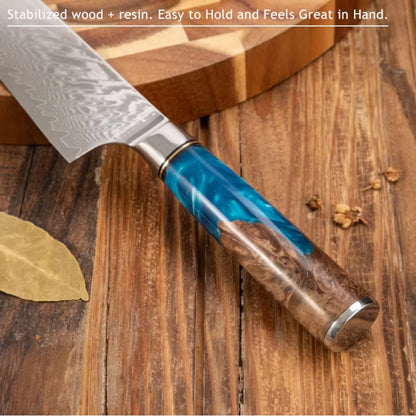Damascus Steel High Carbon 67 Layer VG10 Chef's Knife Blue Resin Wood Handle Kitchen Chef's Knife Three-Piece Set
